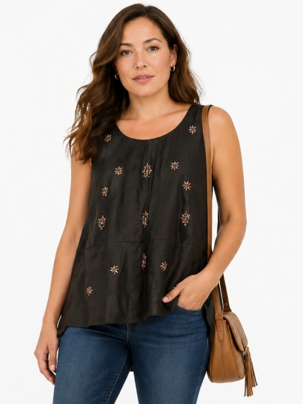 Lane Bryant Black Faux Leather Sleeveless Top With Rhinestone Applique Pls Sz 18